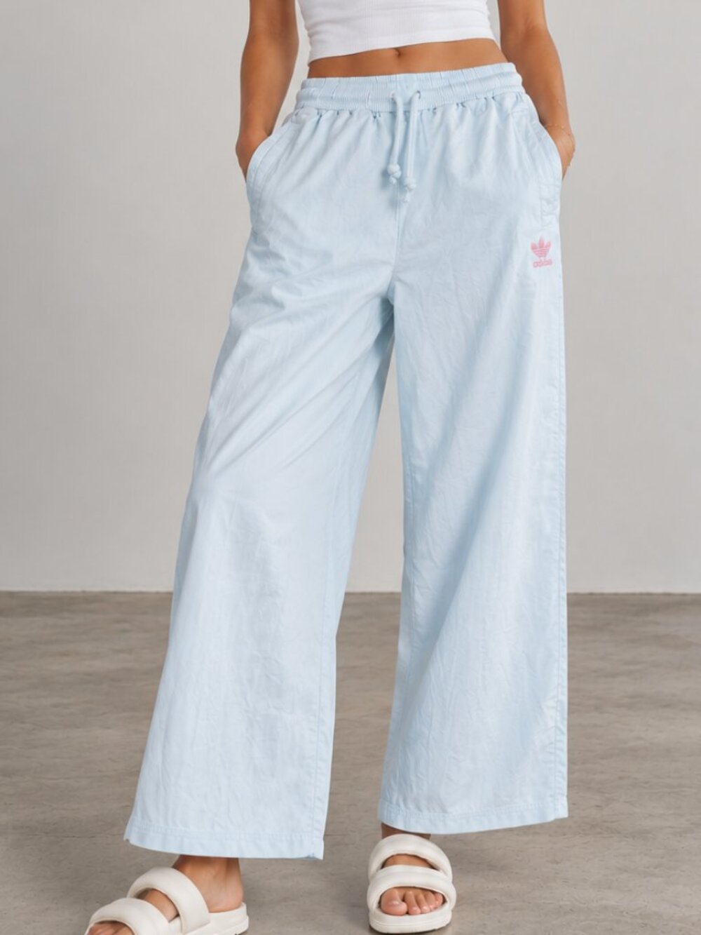 ADIDAS Originals Linen Blend Wide Leg Relaxed Athleisure Pants Baby Blue XS EUC